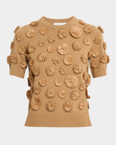 Michael Kors Floral Embroidered Short-sleeve Cashmere Sweater In Peanut