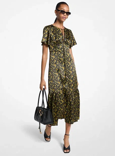 Michael Kors Floral Hammered Satin Midi Dress In Multi