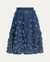 Michael Kors Floral Hand Embroidered Denim Circle Skirt In Light Indigo