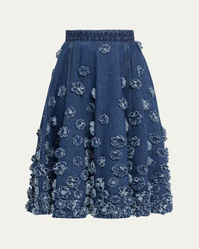 Michael Kors Floral Hand Embroidered Denim Circle Skirt In Light Indigo