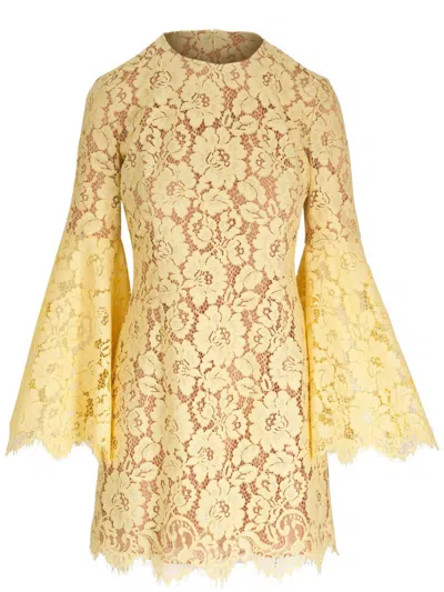 Michael Kors Floral-lace Bell-sleeve Mini Dress In Yellow