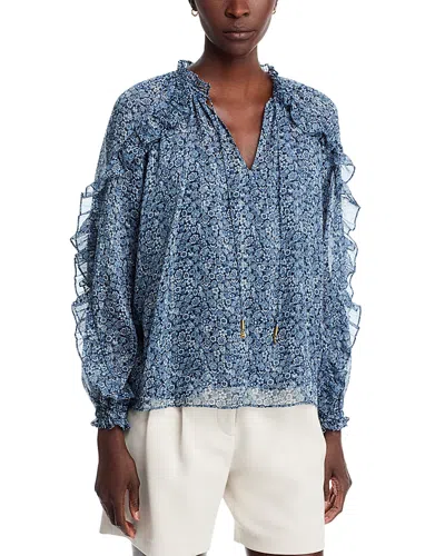 Michael Kors Floral Long Sleeve Ruffle Blouse In Blue