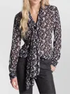 Michael Kors Floral Print Georgette Tie-neck Blouse In Black
