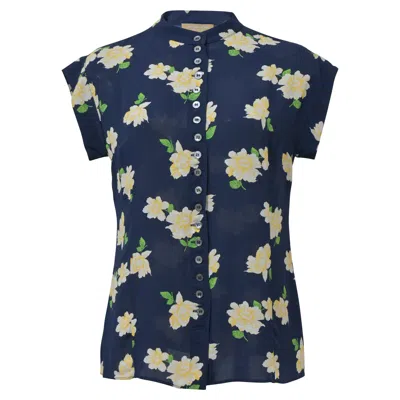 Michael Kors Floral Print Buttoned Blouse In Navy Blue Silk