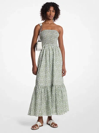 Michael Kors Floral Print Cotton Lawn Smocked Dress In Green