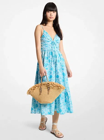 Michael Kors Floral Print Cotton Poplin Midi Dress In Blue