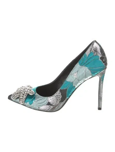 Pre-owned Michael Kors Floral Print Crystal Embellishments Pumps W/ Tags In Blue