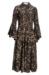 Michael Kors Collection Floral Print Flare Cuff Silk Crêpe De Chine Shirtdress In Suntan/ Black
