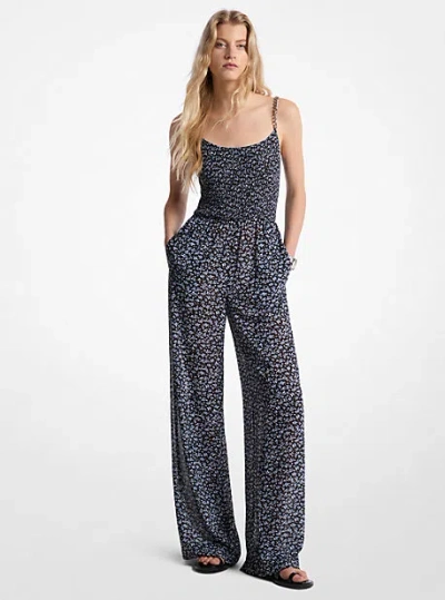 Michael Kors Floral Print Georgette Embellished Jumpsuit In Blue