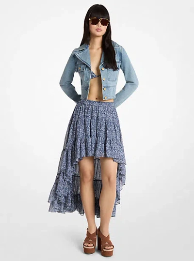Michael Kors Floral Print Georgette High-low Skirt In Blue