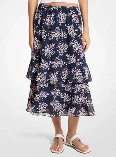 Michael Kors Floral Print Georgette Midi Skirt In Blue