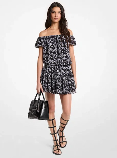 Michael Kors Floral Print Georgette Off-the-shoulder Dress In Black
