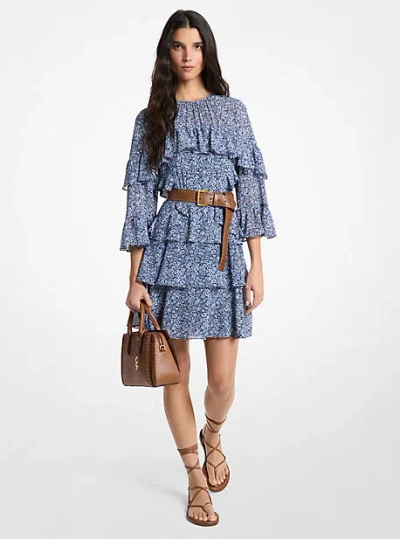 Michael Kors Floral Print Georgette Ruffle Mini Dress In Blue