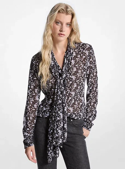 Michael Kors Floral Print Georgette Tie-neck Blouse In Gray