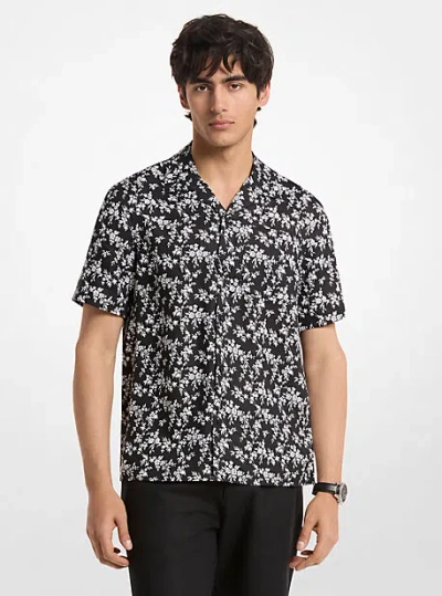 Michael Kors Floral Print Linen Camp Shirt In Black