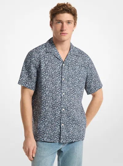 Michael Kors Short Sleeve Linen Floral Camp Collar Shirt In Multi