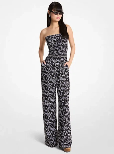 Michael Kors Floral Print Smocked Georgette Belted Jumpsuit In Black