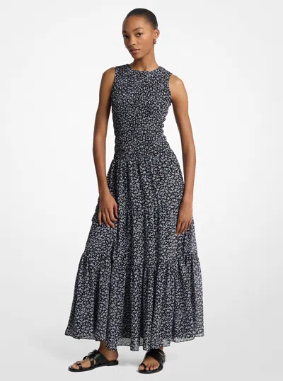 Michael Kors Floral Print Smocked Georgette Maxi Dress In Blue
