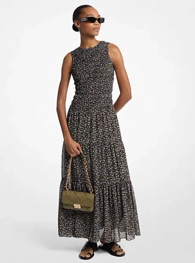 Michael Kors Floral Print Smocked Georgette Maxi Dress In Green