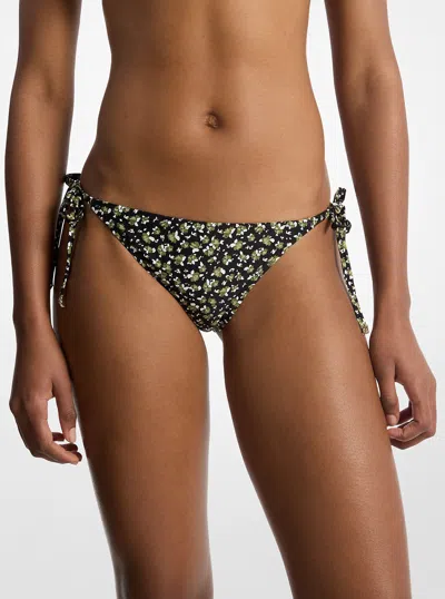 Michael Kors Floral Print Stretch Nylon Bikini Bottom In Gray