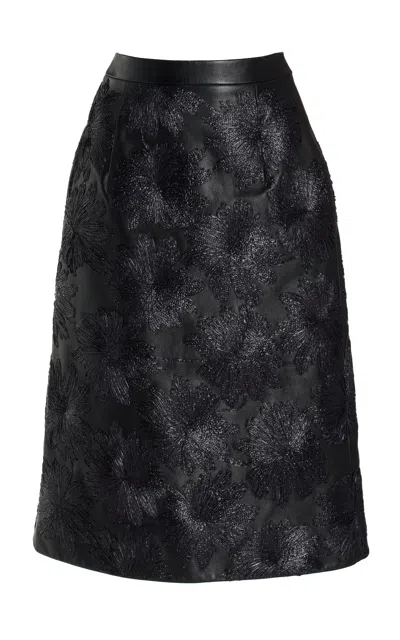 Michael Kors Floral Raffia Soutache Embroidered Leather Midi Skirt In Black