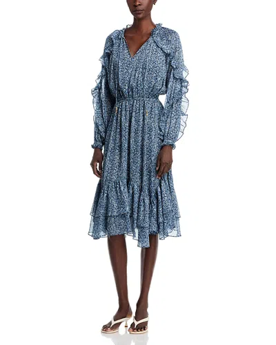 Michael Kors Floral Ruffle Midi Dress In Blue
