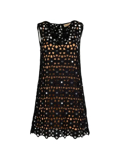 Michael Kors Mirror Embellished Floral Crochet Dress In Black