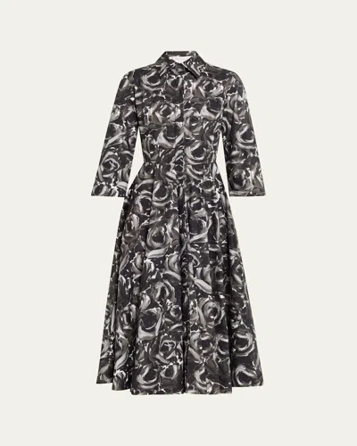 Michael Kors Floral-print Cotton Midi Shirtdress In Black
