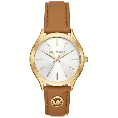 Michael Kors Women's Slim Runway Three-hand Luggage Leather Watch 38mm In Gold