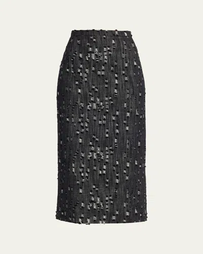 Michael Kors Frayed Denim Midi Pencil Skirt In Black