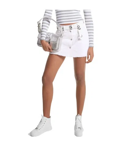 Michael Kors Frayed Denim Mini Skirt In White