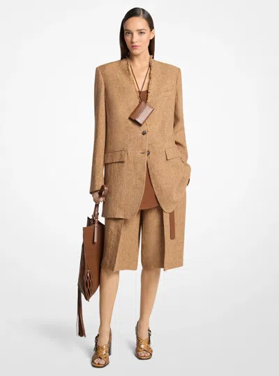 Michael Kors Frayed Linen Collarless Blazer In Brown