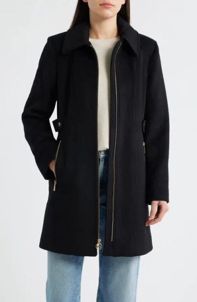 Michael Kors Front Zip Wool Blend Coat In Black