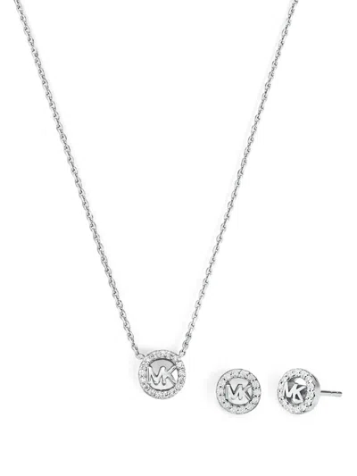 Michael Kors Fulton Precious-metal Plated Sterling Silver Pavé-logo Charm Necklace And Earrings Gift Set