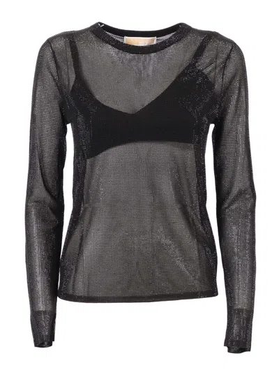 Michael Kors Embellished Mesh Long-sleeve Top In Black