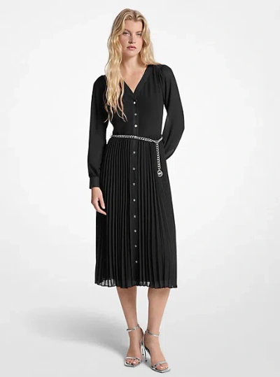 Michael Kors Georgette Belted Pleated Shirtdress In Black