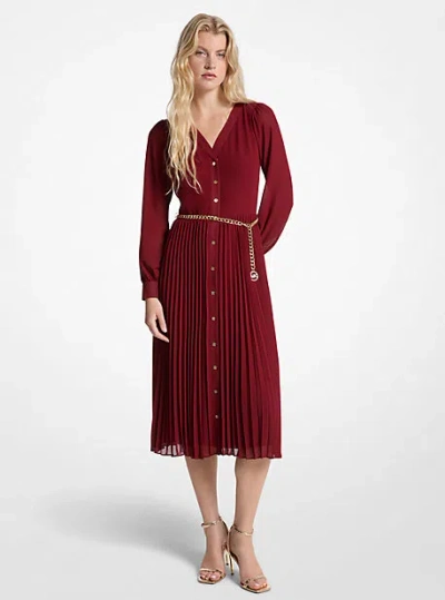 Michael Kors Georgette Belted Pleated Shirtdress In Red