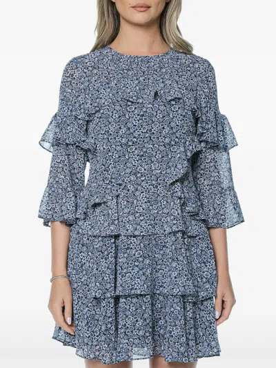 Michael Kors Georgette Floral-print Ruffled-detail Mini Dress In Blue