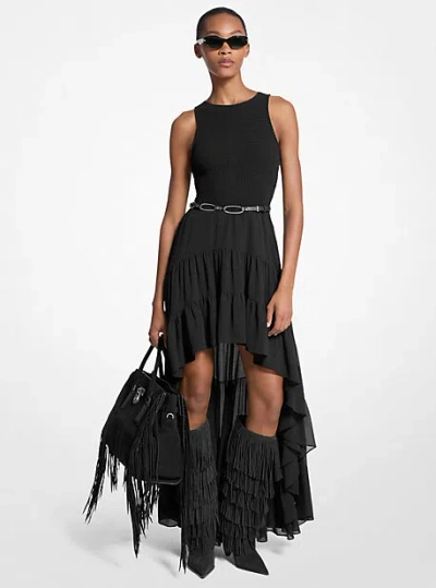 Michael Kors Georgette Smocked High-low Dress In Black
