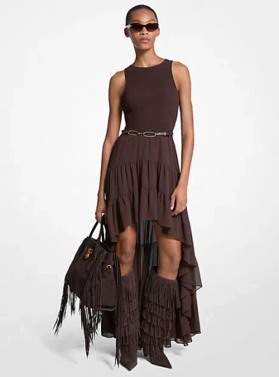 Michael Kors Georgette Smocked High-low Dress In Brown