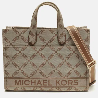 Pre-owned Michael Kors Gigi Large Beige/brown Logo Jacquard Canvas Tote In Sand