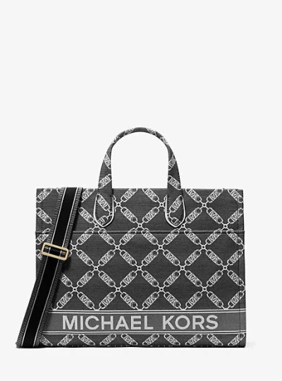 Michael Kors Gigi Large Empire Logo Jacquard Tote Bag In Black
