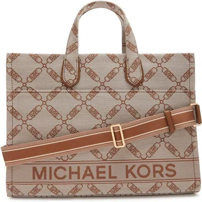Michael Kors Large Gigi Empire Logo Jacquard Tote Bag In Brown