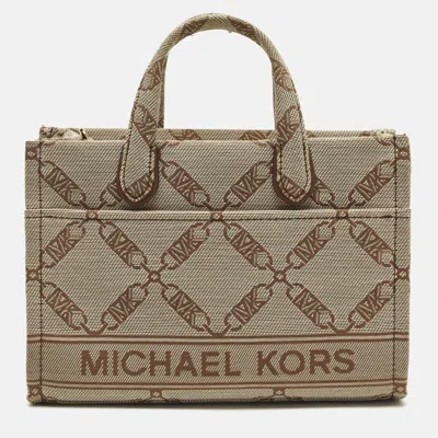 Pre-owned Michael Kors Gigi Small Beige Empire Logo Jacquard Tote In Sand