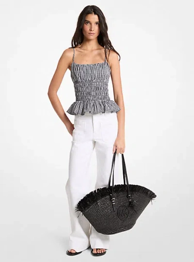 Michael Kors Gingham Cotton Smocked Top In Black
