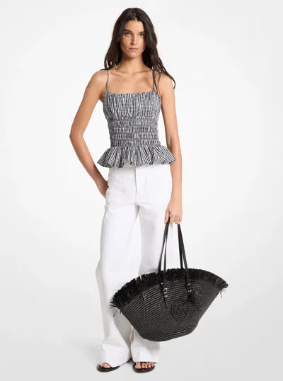 Michael Kors Gingham Cotton Smocked Top In Black