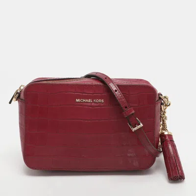 Pre-owned Michael Kors Ginny Medium Fuchsia Croc Embossed Leather Shoulder Bag In Pink