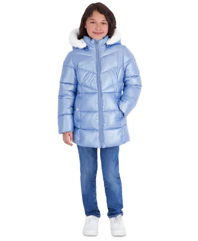 Michael Kors Kids' Girls' 5-16 Pearlized Stadium Length Long-sleeve Jacket In Blue