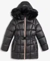Michael Kors Girls 7-16 Active Belted Stadium Puffer Jacket With Faux-fur Trim In Black