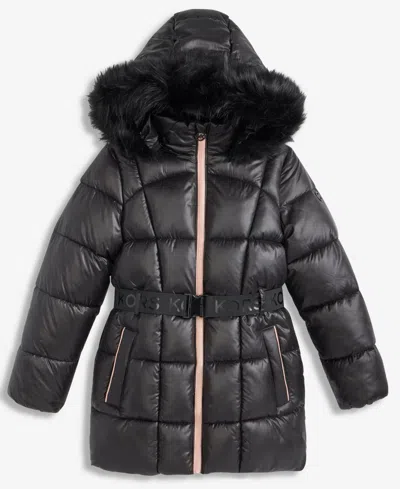 Michael Kors Kids' Girls 7-16 Active Belted Stadium Puffer Jacket With Faux-fur Trim In Black